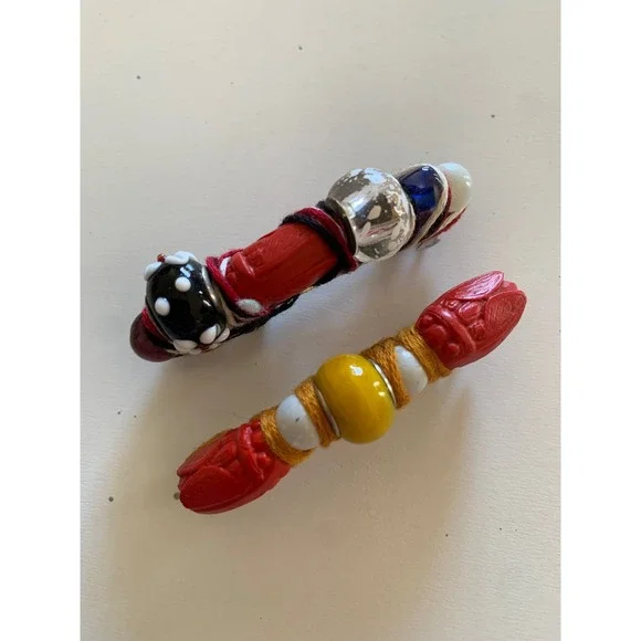 Set of Two Handmade Barrette Vintage Beads Mixed Boho Red Yellow Hair Clips