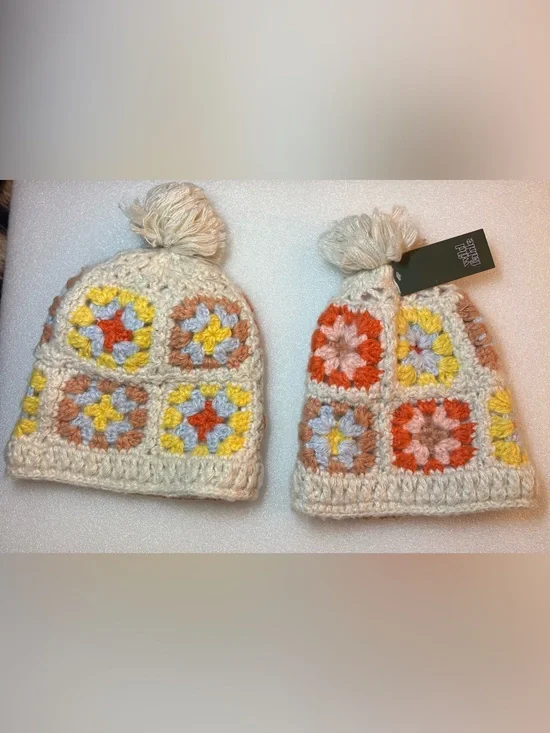 Bundle of 2 - Wild Fable Crochet Granny Square Beanie Hats  Multi Color Pom Pom