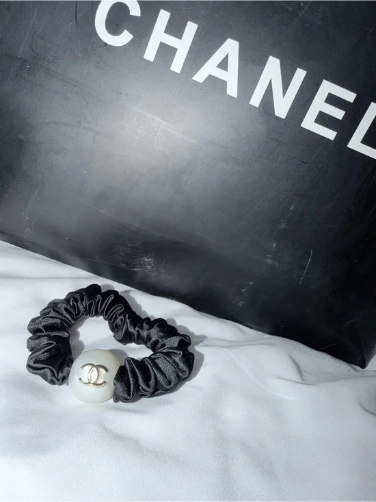 Fashion Black Satin Scrunchie with Pearl CC Accent