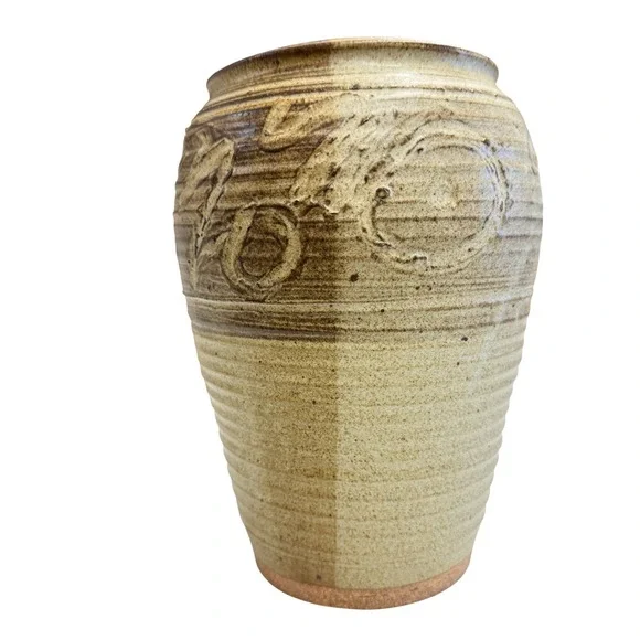 Vintage Studio Pottery Stoneware Vase Hand Carved Ribbed Earth Tones Signed 11in