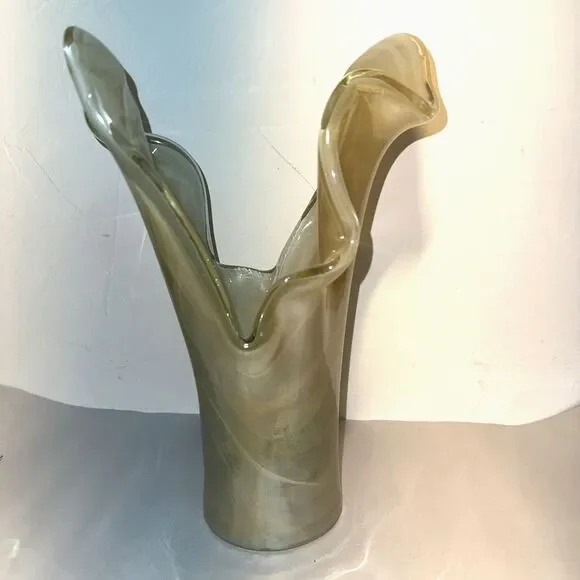 Vintage 12” Amber Art Glass Split Tulip Vase MCM Sculptural Design Murano Style