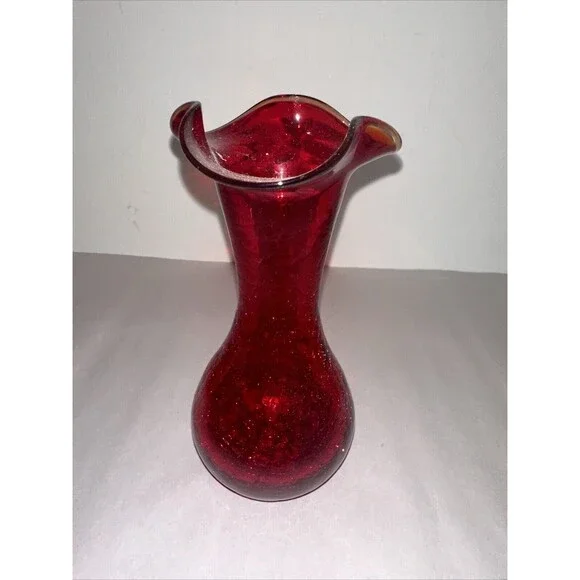 Vintage Hand Blown Glass  Amberina Crackle Vase With Ruffled Top