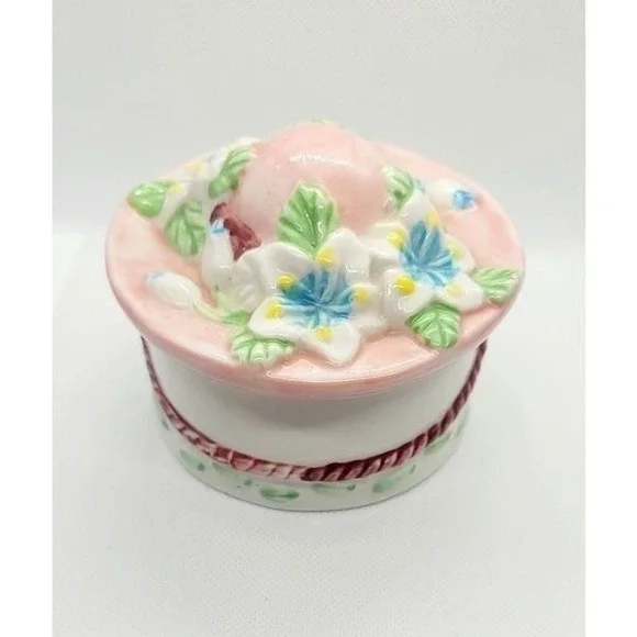 Floral Trinket Box W/ Vtg Hat Shaped Lid