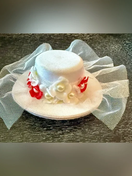 Disney Mary Poppins Fascinator White Mini Hat with Red and Cream Floral Accents