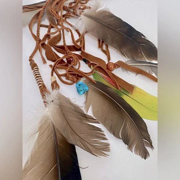 OOAK tribal brown leather feather clip set. Festival Burning Man