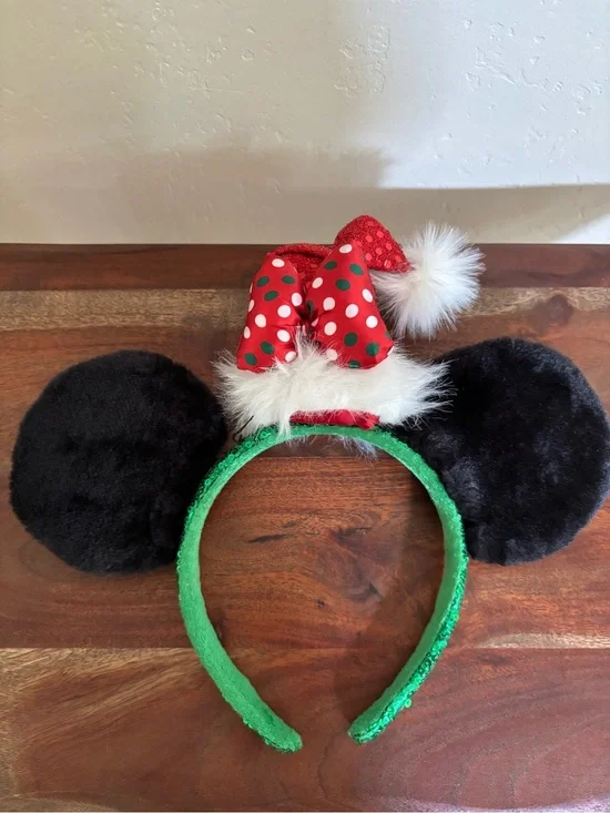 Holiday Christmas Minnie Mouse Ear Headband Santa hat with Polka Dot Bow