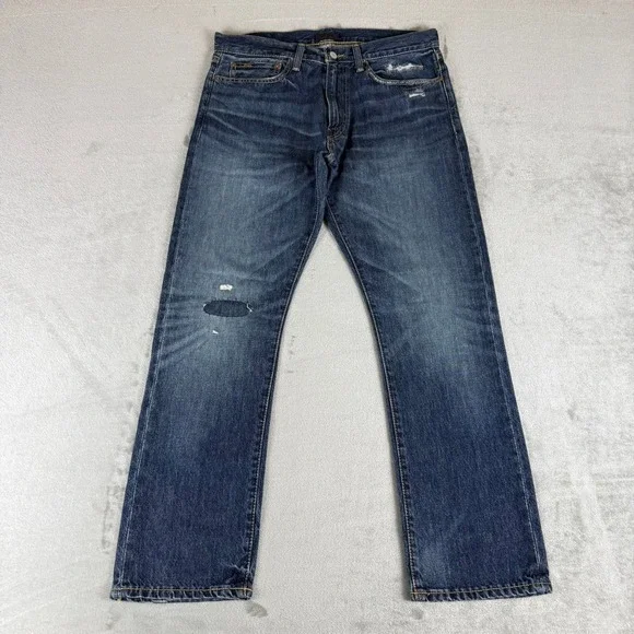 Polo Ralph Lauren Varrick Slim Straight Jeans Mens 32x30 Blue Distressed New NWT