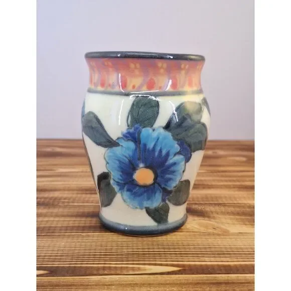 Vintage Ceramic Floral Small‎ Flower Vase Glazed Blue Red Green 4.25
