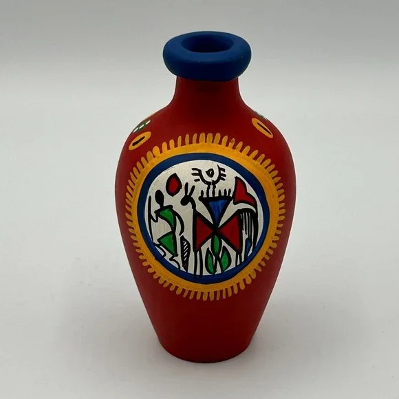 Terracotta Hand Painted Flat Warli Miniature Vase Red Colorful Indian Tribal Art