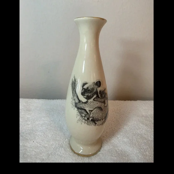 Otagiri OZ-MALL Panda Ceramic Vase Beige Black Gold Rim Japan Vintage 1980s