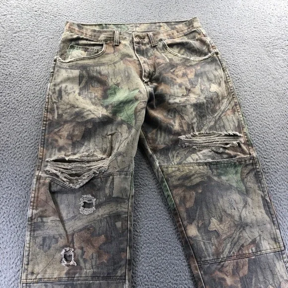 Wrangler Jeans Mens 32x28 Green Camouflage Double Knee Distressed Thrashed