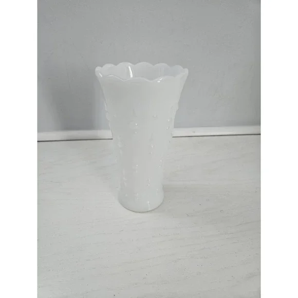 White Milk Glass Vase Teardrop and Pearls Scalloped‎ Edge Flared 7.25