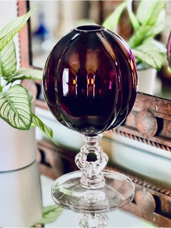 Cambridge Keyhole Stem Hand Blown Amethyst Glass Ivy Ball Vase