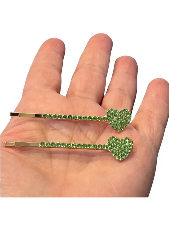 Green Heart Crystal Rhinestone Hair Clips approx 2.5”FINAL PRICE DROP