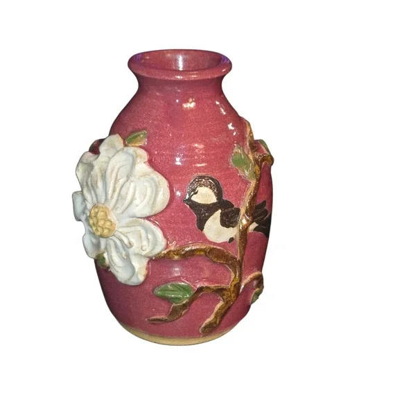 Judy Jones Pottery VTG Dogwood & Chickadee Bud Vase Signed Small‎ Pink 2002 EUC!