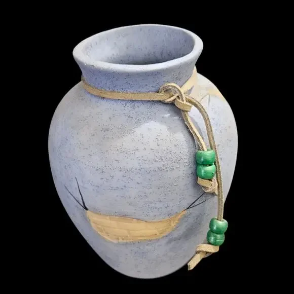 Handcrafted Studio Pottery Vase Blue Matte Glaze Southwestern Beaded 6 Inch