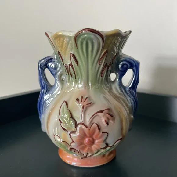 Vintage Lusterware Vase Made In Brazil Double Handles Raised Colorful Flower 422