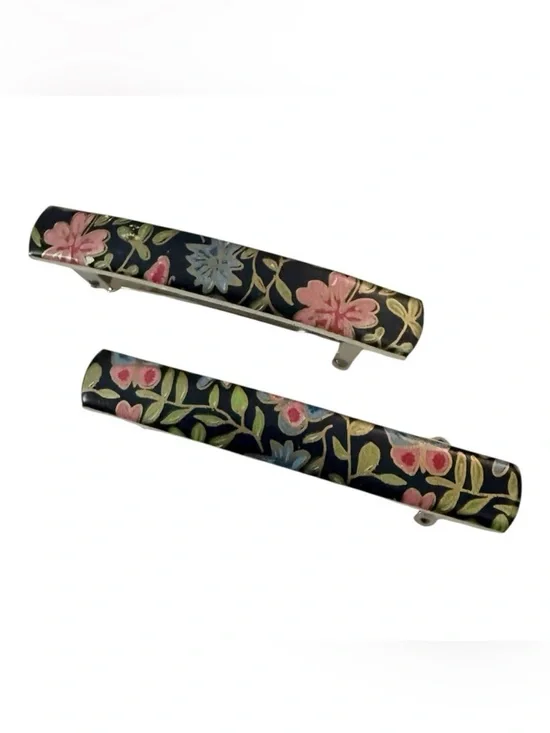 1970’s Vintage French Hair Clips with a Feminine Black Floral Motif, Deadstock