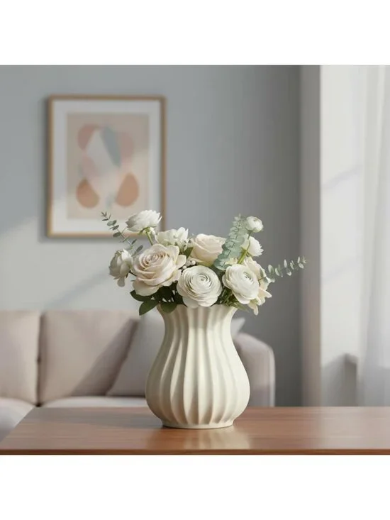 Vintage White Pleated Ceramic Vase - Stylish Decorative Flower Holder for Home