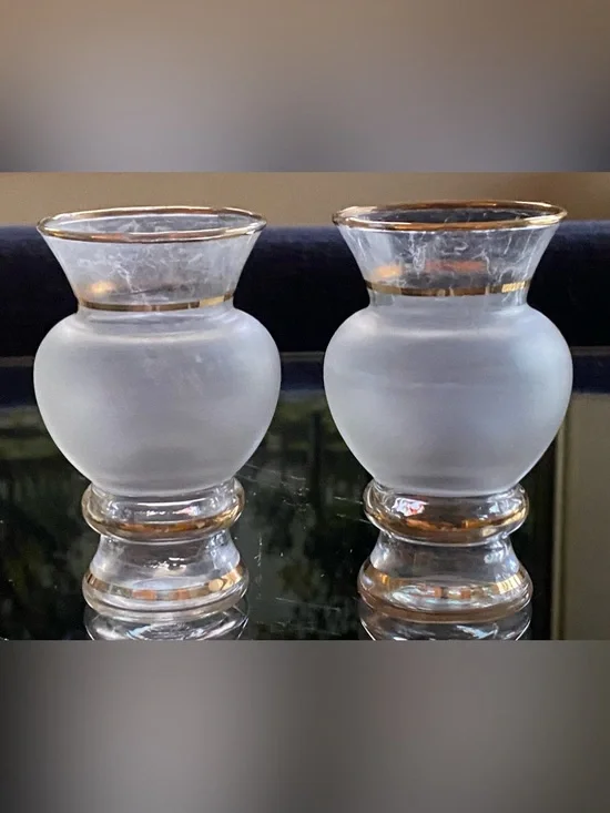 Vtg 50s Bartlett-Collins Frosted Mini Bud Vases w Gold Trim Set of 2