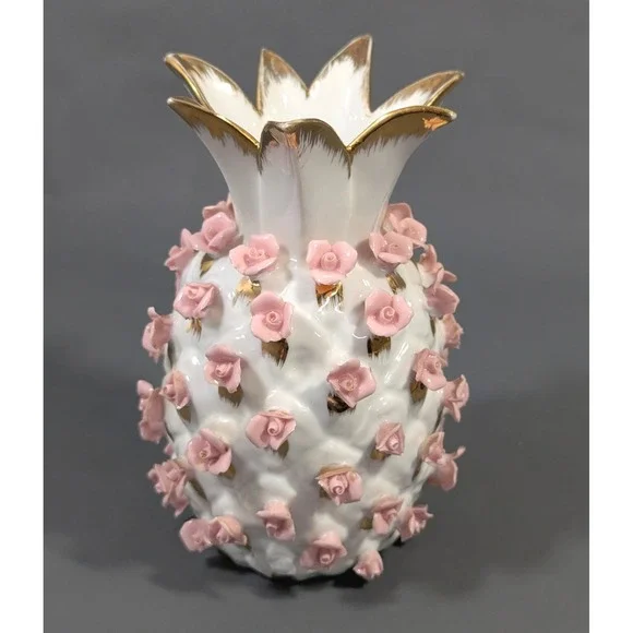 Lefton China K7233 Pineapple Vase Pink Applied Roses Gold Trim Porcelain 5.5