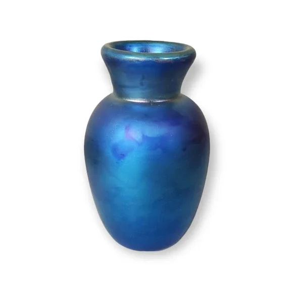 Stunning Blue Iridescent Glass Vase, Vintage, 4.25