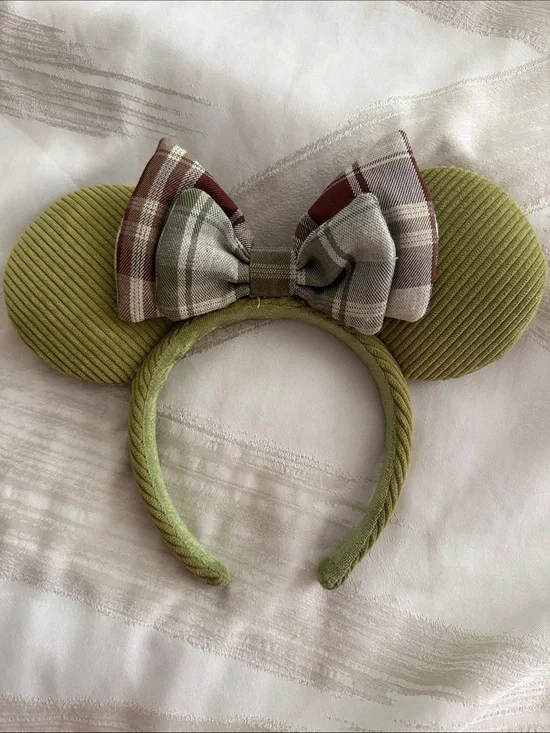 Green Corduroy Minnie Ear Headband with Plaid Bow
