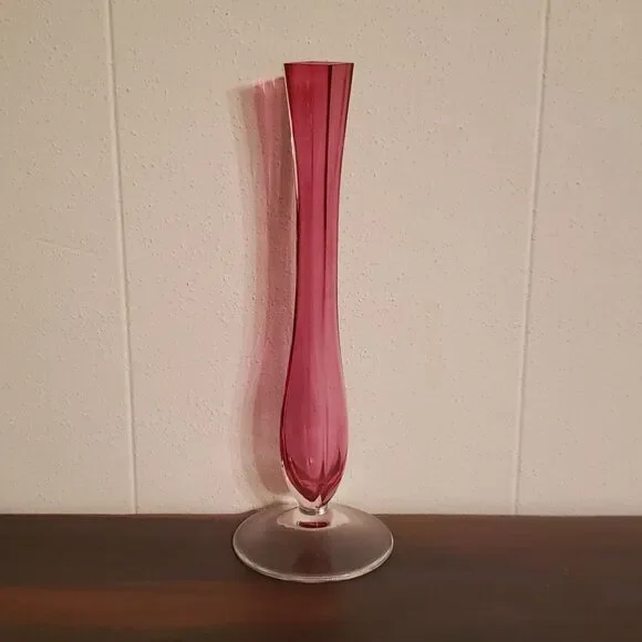 Vintage Beautiful Val St Lambert Cranberry Glass Flower Bud Vase Clear Base