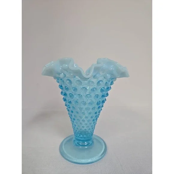 Vintage Fenton Aqua Blue Opalescent Hobnail Ruffled Vase 5 1/2