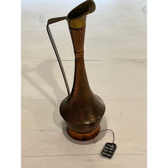 Vintage Hammered‎ Copper Pitcher Vase Hand Made Israel Arts Crafts Tall