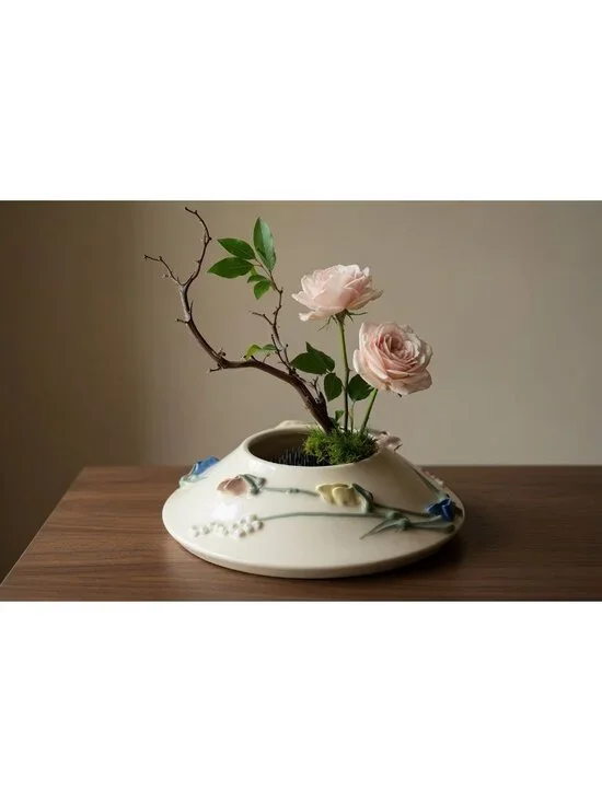 Vintage Jehana Zell Studio Pottery Ikebana Vase, Hand-Thrown Kenzan Frog Bowl