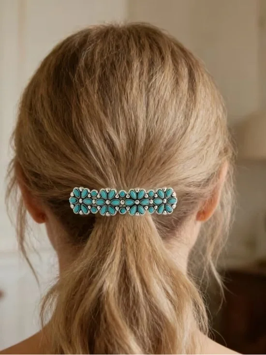 Turquoise Floral Stone Barrette Hair Clip - Women Accessories