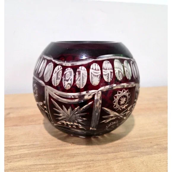 Vintage Bohemian Czech Crystal Cranberry Cut To Clear Bowl 5''