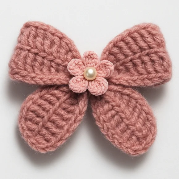 Hand Crafted Crochet Bow Hair Clip Pale Pink Alligator Clip Silk Ribbon Flower