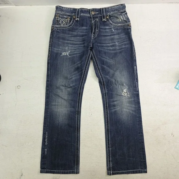 Rock Revival Paul Straight Jeans Men's 32x29 Distressed Dark Wash Thick Stitch