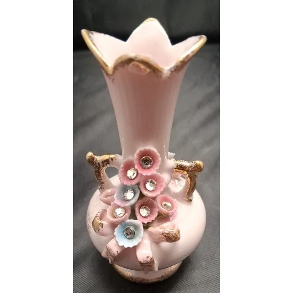 Collection of Seven Vintage Miniature Ceramic Bud Vases with Hand-Painted Design