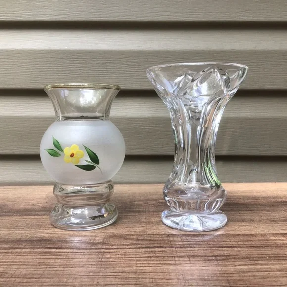(2) VTG Small Vases, Lead Crystal  & Frosted w/ Hand Painted Flower, Pre 1960