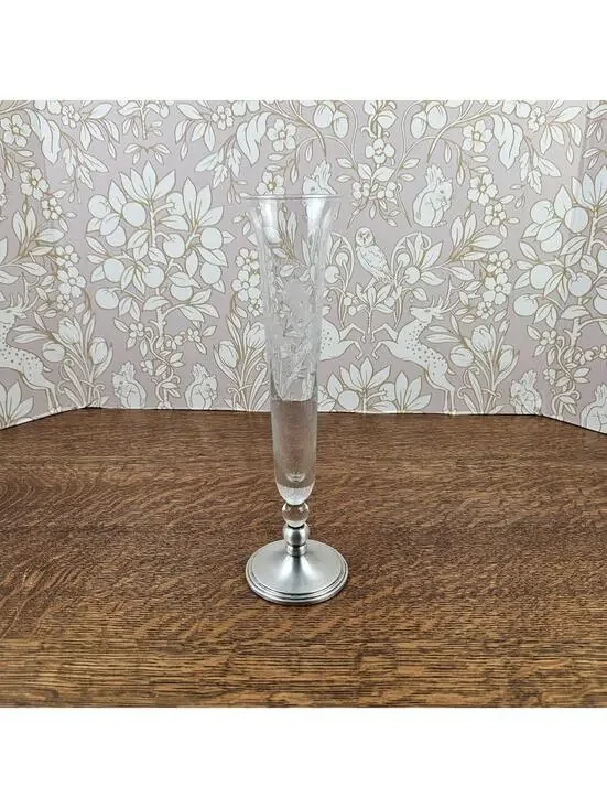 Vintage Sterling Silver Mounted Etched Glass Trumpet Bud Vase 10.75