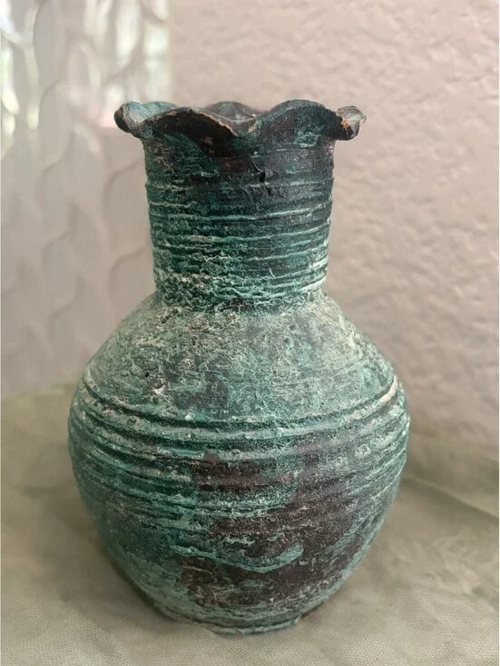 Vintage Chinese Ceramic Hu-Form Vase – 4.5” Faux Bronze Verdigris