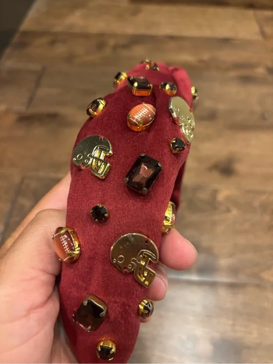 Brianna Cannon Embellished Burgundy Headband with Football and Jewel Accents
