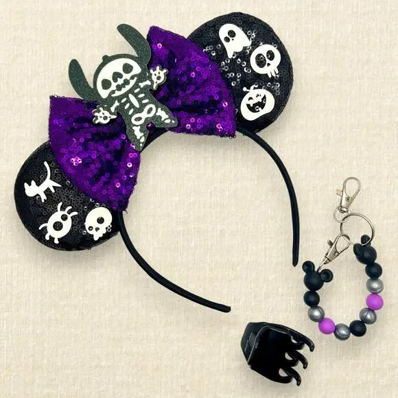 Black Sequin Skeleton Stitch Minnie Ears | Disney-Inspired Halloween Mouse Ears