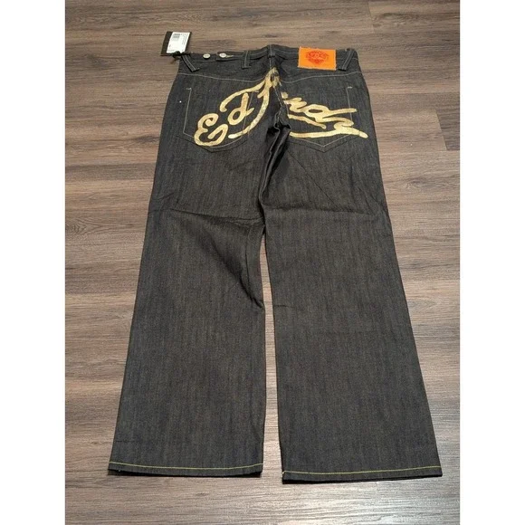 Ed Hardy Mens Gold Foil Logo Wide Leg Denim Jeans Dark Wash‎ 36x34 NWT Lot 2008