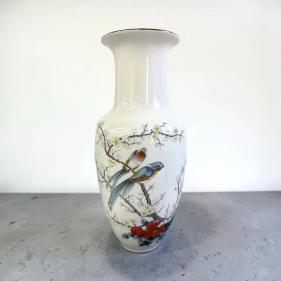 Vintage JAY White Porcelain Vase Fine China Handpainted Birds Gold Trim Japan