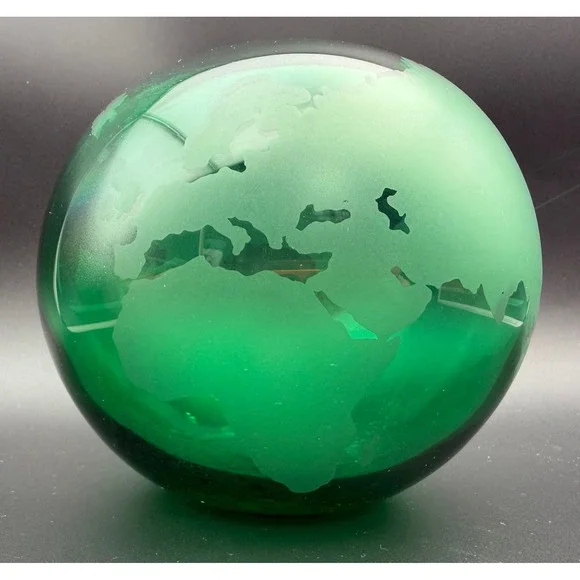 Silvestri Mouth Blown Glass Globe Vase Emerald Green Etched World Map Round 6in