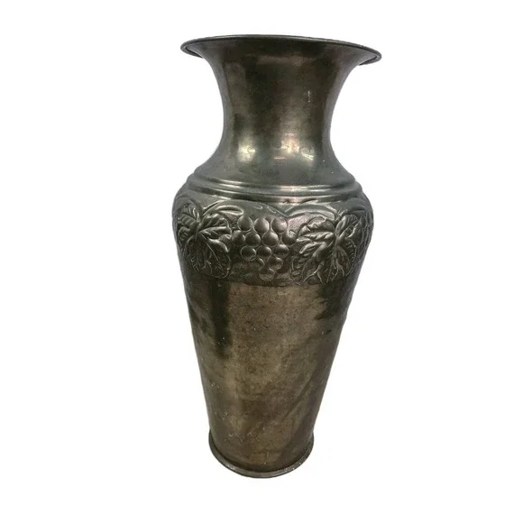 Vintage Distressed Tall Brass Embossed Urn Vase Vessel India 14.5
