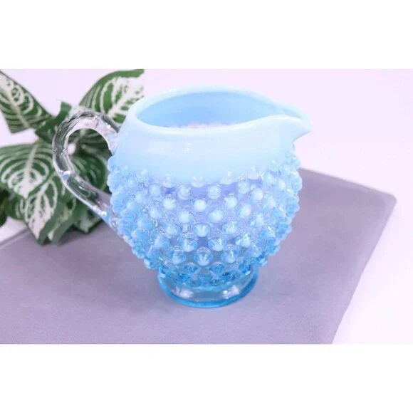 Fenton Hobnail Glass Aqua Blue Opalescent Squat Jug Small Pitcher 5