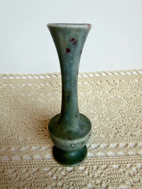 Maria Hall Studio Pottery Bud Vase Green Mottled Glaze Signed Handmade 6”
