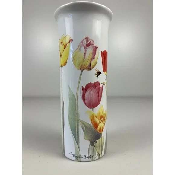 Marjolein Bastin Ceramic Cylinder Vase White Floral Tulips‎ Bee Butterfly 8.25in
