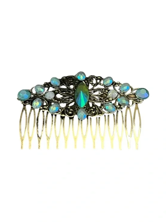 Gold Hair Comb with Iridescent Blue-Green Faux Stones -FINAL PRICE DROP