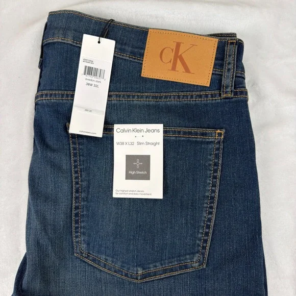 Calvin Klein Jeans Mens 38x32 (40 waist) Slim Straight Stretch Dark Blue New